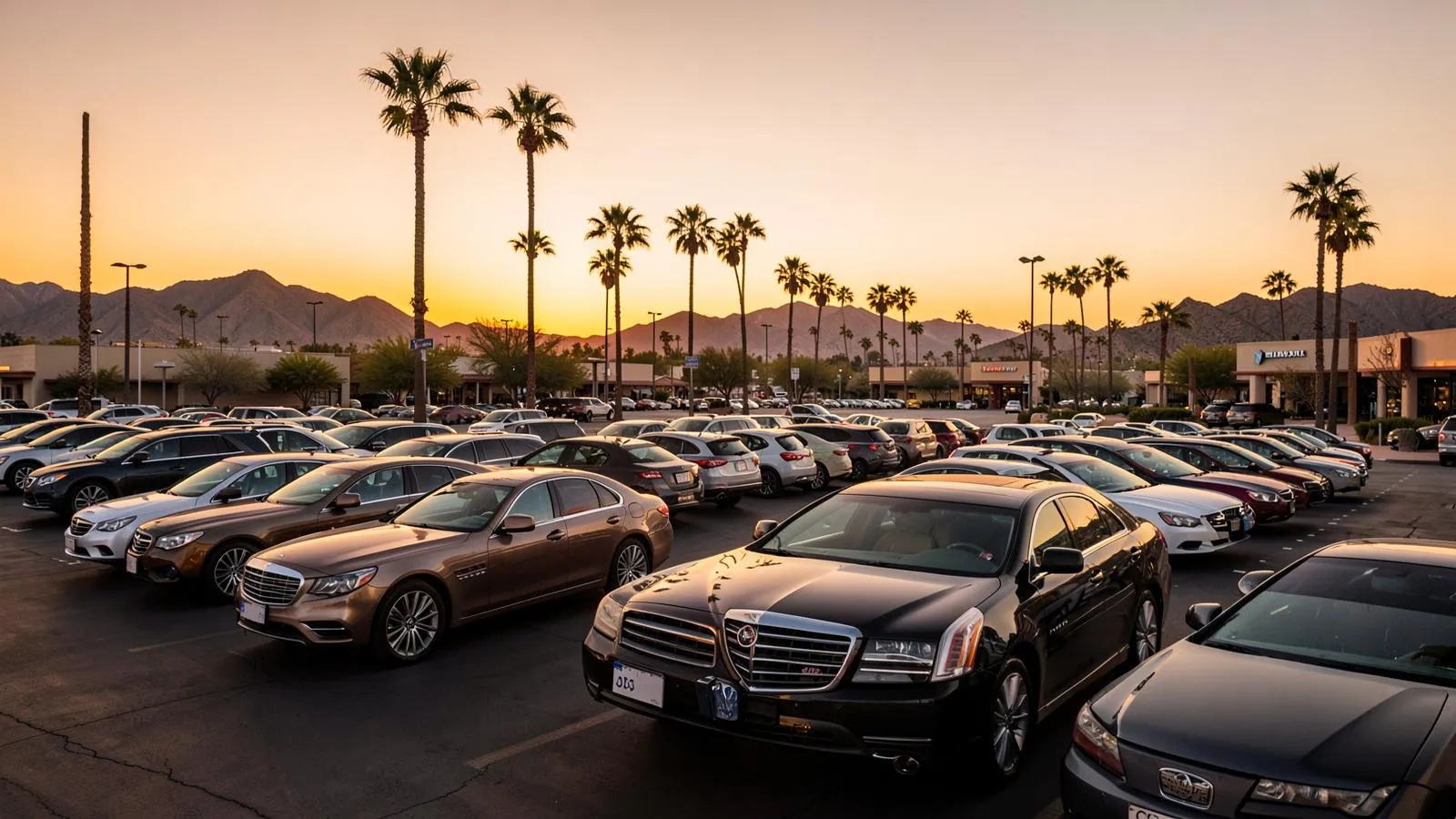 Pre-owned luxury vehicles on a used car dealership lot in Phoenix, Arizona