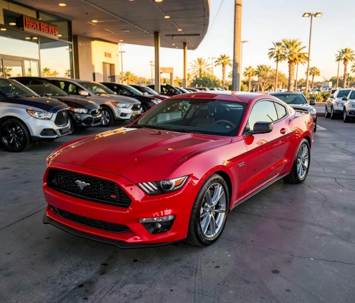 Used trucks and a pre-owned Tesla lined up at a Phoenix used car dealership